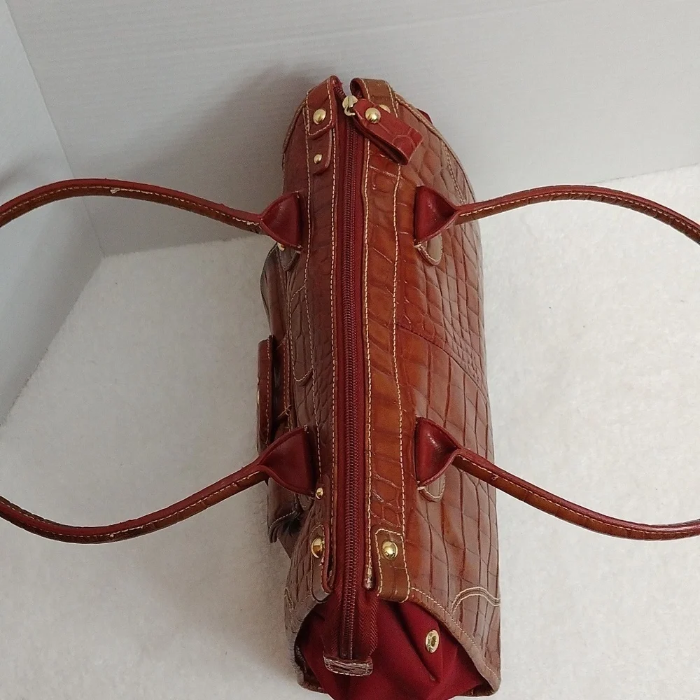 Franco Sarto Brown Croc Embossed Leather Satchel Red Interior Gold Hardware Y2K
